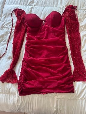 Oh Polly Red Ruched Velvet Bustier Mini Dress with Embellished Sleeves